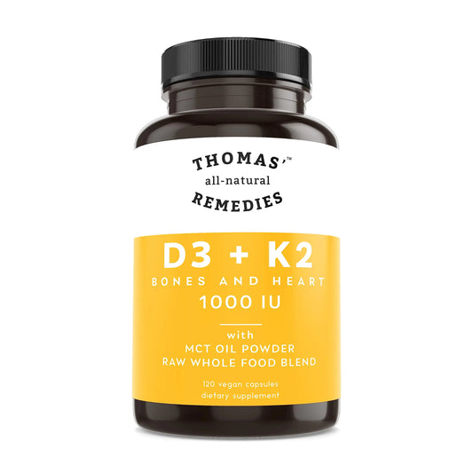 Thomas all-natural Remedies D3 + K2 with MCT Oil for Better Absorption & Raw Whole Food Blend 1000 IU D3 Vegan Made in USA Support for Your Heart Bones & Teeth Non-GMO (120ct)
