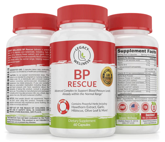 BP Rescue Blood Pressure Support Supplement - Vitamins & Herbs to Help Circulation & Blood Flow - Natural Blood Pressure Supplements with Hawthorn Berry Garlic Hibiscus in Capsules for Men & Women