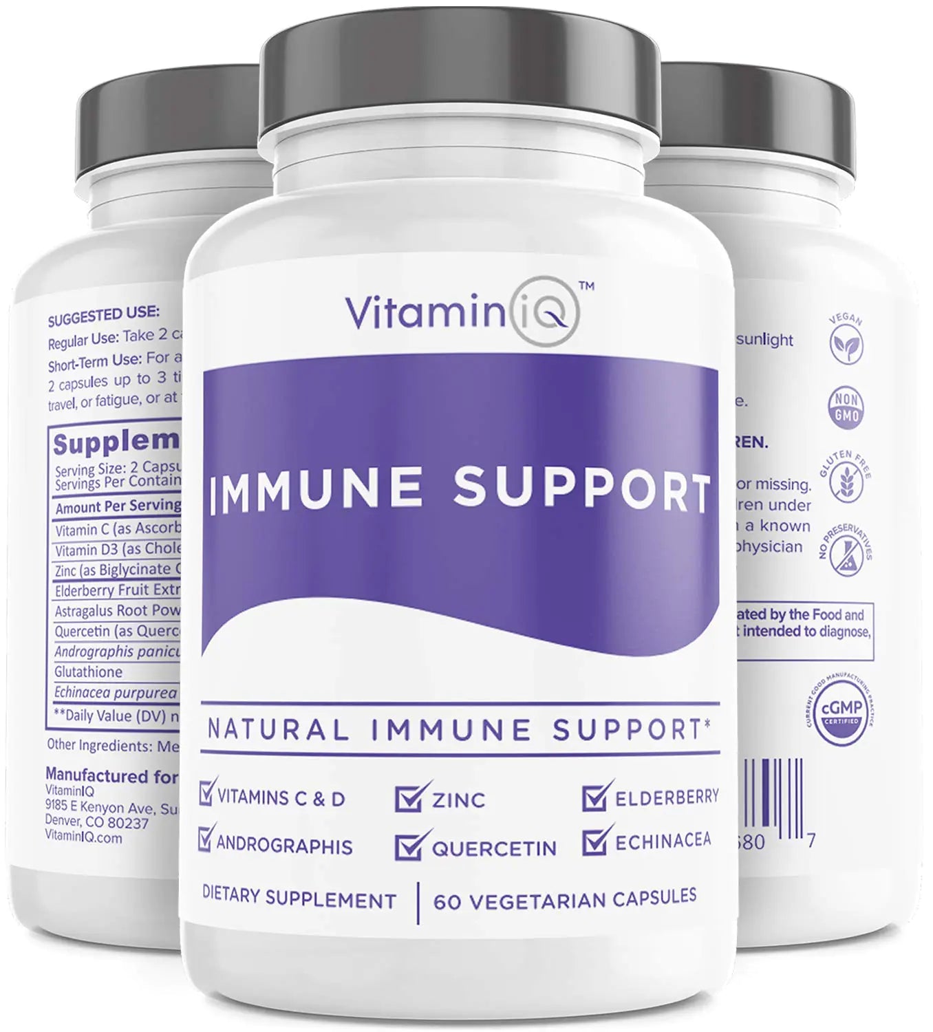 Immune Support Supplement with Vitamin C and Zinc Sambucus Elderberry Vitamin D3 Glutathione Echinacea Capsules - Natural Immune Booster Herbal Supplements - Vegan Gluten-Free (60ct) VitaminIQ