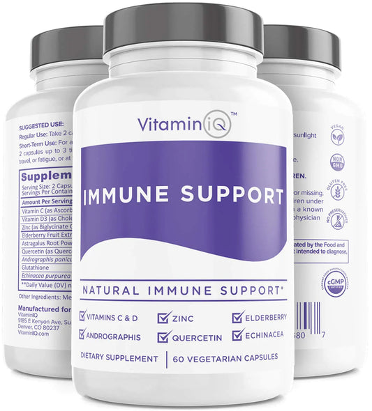 Immune Support Supplement with Vitamin C and Zinc Sambucus Elderberry Vitamin D3 Glutathione Echinacea Capsules - Natural Immune Booster Herbal Supplements - Vegan Gluten-Free (60ct) VitaminIQ
