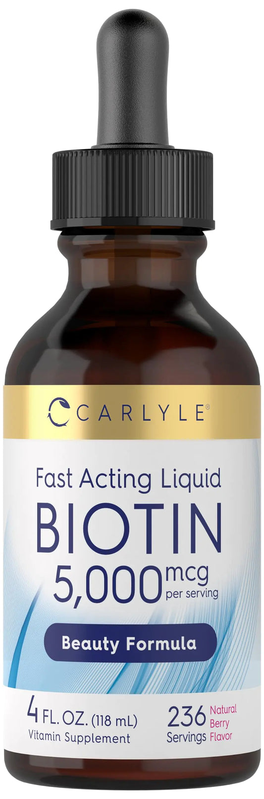 Carlyle Biotin Liquid Drops 5000mcg | 4 fl oz | Berry Flavor | Vegetarian Non-GMO & Gluten Free Supplement
