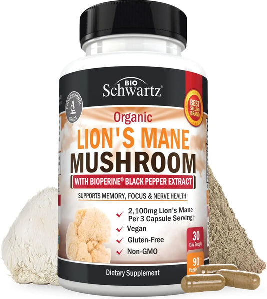 Organic Lions Mane Supplement Capsules (90 Count) 2100mg Lions Mane Mushrooms with BioPerine for Max Absorption Active Compound Verified Natural Nootropic Brain Supplements for Memory and Focus