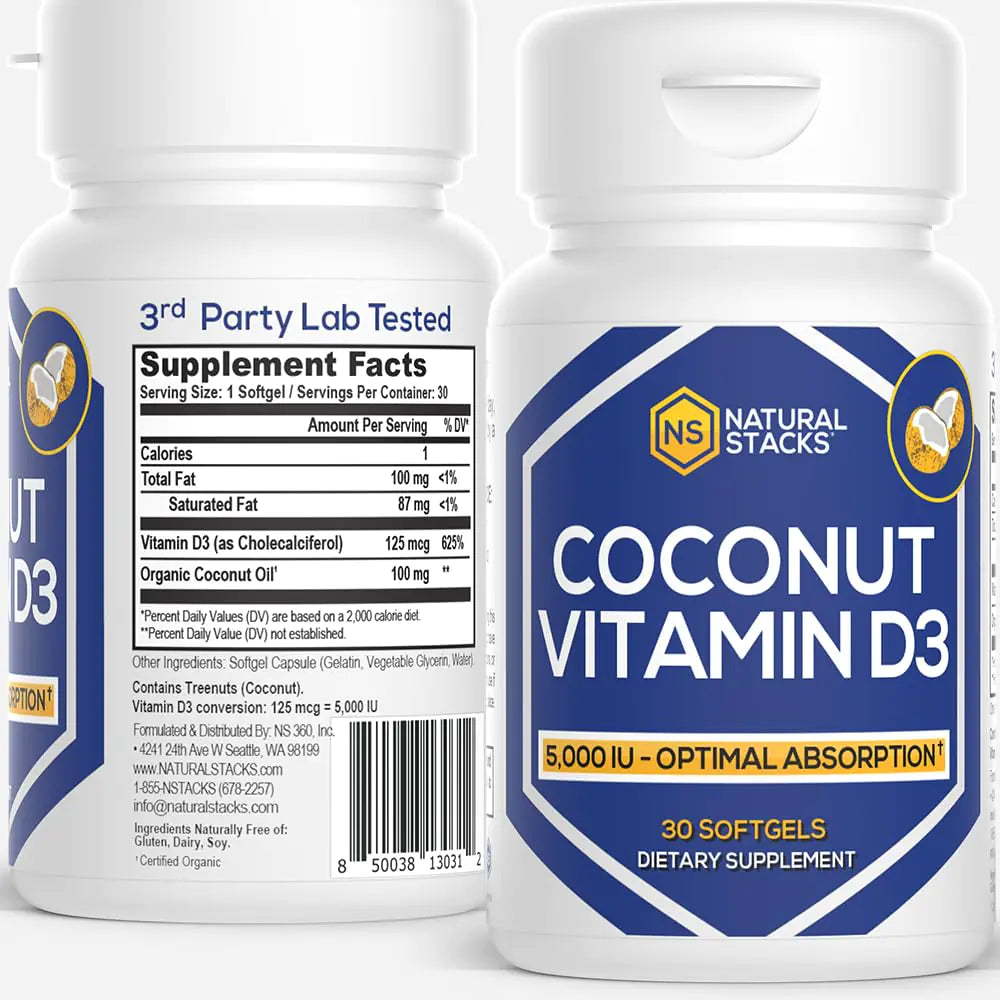 NATURAL STACKS Vitamin D3 5000 IU - 30 SOFTGELS. Vitamin D Pills for Immunity & Cell Growth - Coconut Oil Pills & Immune Support Vitamins - Vitamins Supplements for Rapid Absorption