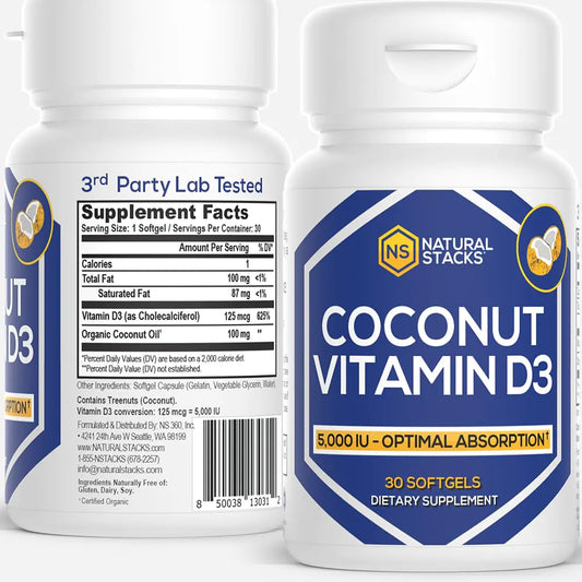 NATURAL STACKS Vitamin D3 5000 IU - 30 SOFTGELS. Vitamin D Pills for Immunity & Cell Growth - Coconut Oil Pills & Immune Support Vitamins - Vitamins Supplements for Rapid Absorption
